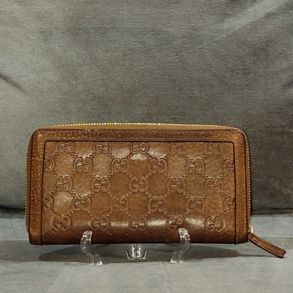 GUCCI GG SUKEY BROWN LEATHER CAVIAR MONOGRAM ZIP AROUND LONG WALLET 7½" x 4" - Picture 4 of 15